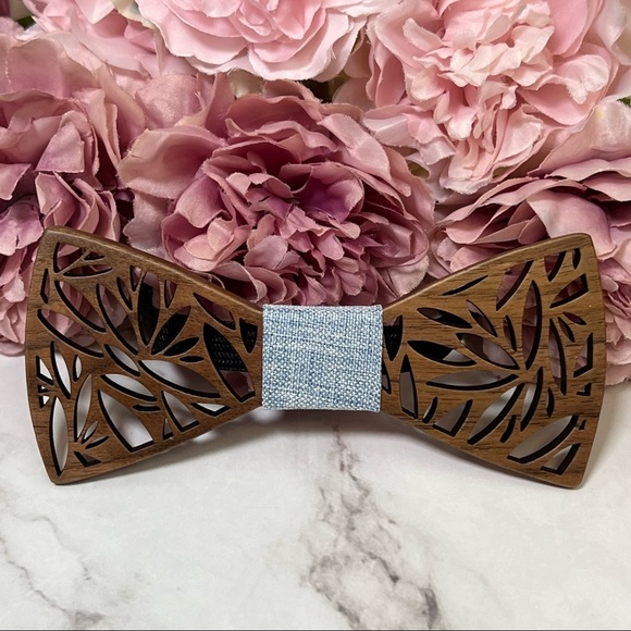 Handmade Wood Butterfly Bow Tie Cufflinks Blue Pocket Square & Boutonnière Set - Picture 5 of 16